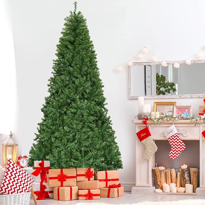 HAPPYGRILL 8FT Pre-Lit Christmas Tree with 2128 PVC Branch Tips and Foldable Base, Premium Artificial Spruce Tree Hinged Xmas Tree for Holiday Decor