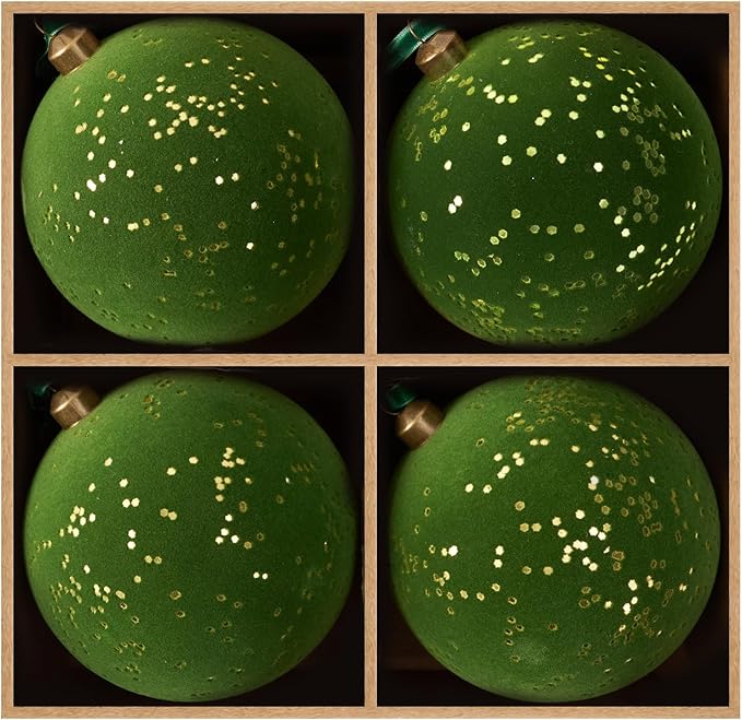 DN DECONATION 4PCS Christmas Ball Ornaments Set – Green Ball Ornaments for Christmas Tree, 4” Shatterproof Velvet Plastic Balls Xmas Decorations with Ribbons for Winter Holiday Decor Gifts