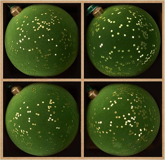 DN DECONATION 4PCS Christmas Ball Ornaments Set – Green Ball Ornaments for Christmas Tree, 4” Shatterproof Velvet Plastic Balls Xmas Decorations with Ribbons for Winter Holiday Decor Gifts