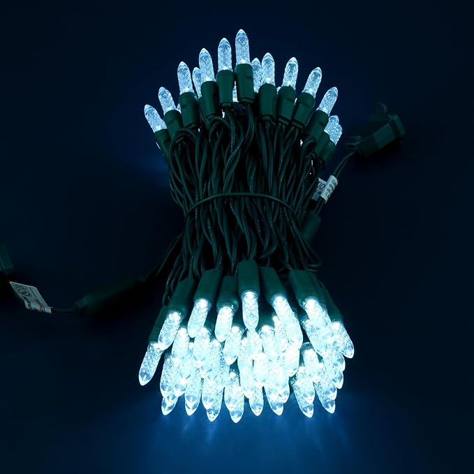 100 Cool White Faceted One-Piece LED Christmas Lights, 33 ft Green Cord High Waterproof UL Certified M6 Outdoor String Lights (Cool White)