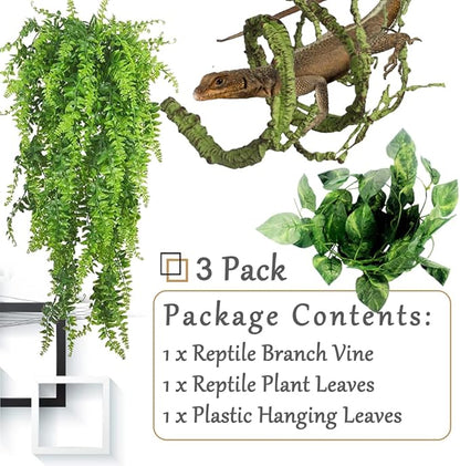 Hamiledyi Reptile Plants Bendable Jungle Climbing Vine Terrarium Branch Flexible Plastic Leaves Hanging Pet Habitat Decoration for Bearded Dragon Lizard Gecko Frog Snake Tank Accessories Decor