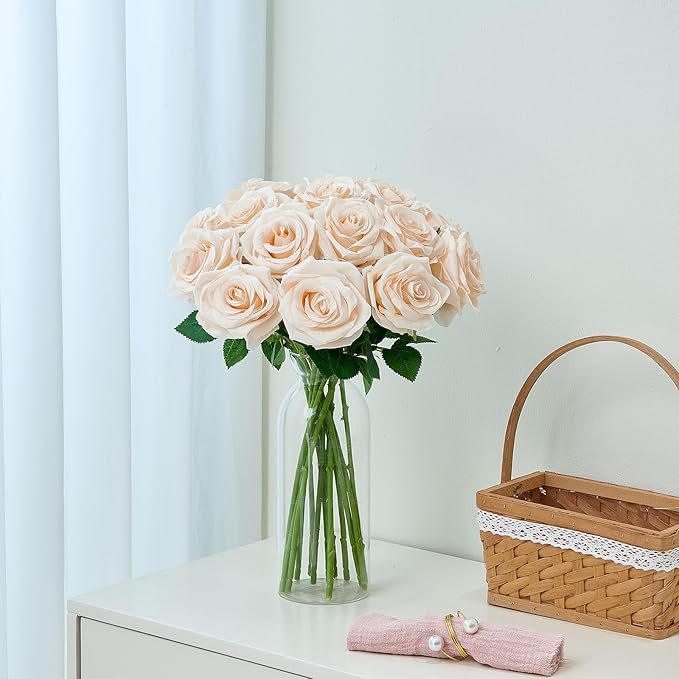 15pcs Champagne Roses Artificial Flowers Silk Fake Flowers Realistic Faux Roses Bouquet Long Stem for Wedding Home Party Birthday Decoration