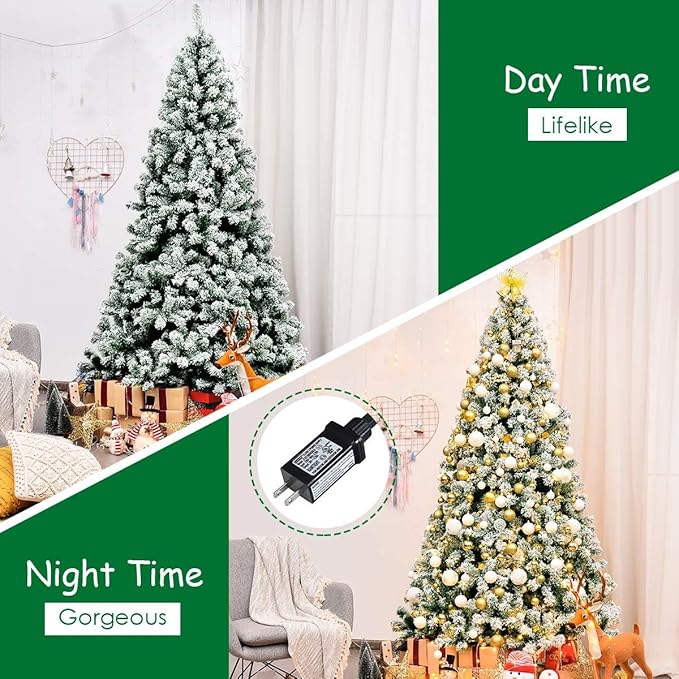 HAPPYGRILL 7.5FT Pre-lit Artificial Christmas Tree Hinged Snow Flocked Christmas Pine Tree with Solid Metal Stand Flexible Branches Traditional Festival Decoration Tree