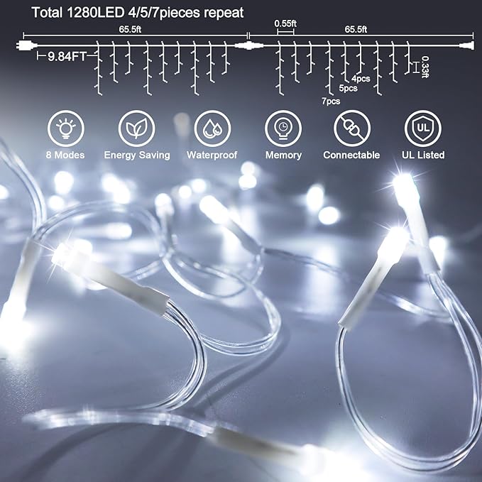JXLEDAYY Christmas Lights Super Long 1280 LED 131 FT LED String Lights with 240 Drops Plug in 8 Modes Christmas Decoration for Holiday Wedding Party Bedroom Garden Patio Outdoor Indoor (Cool White)