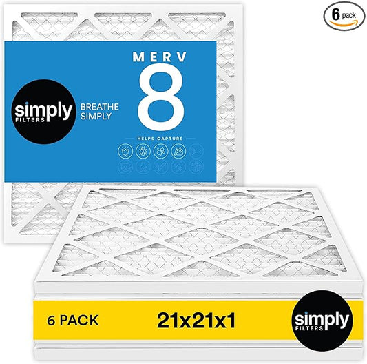 Simply 21x21x1 Air Filter, Merv 8, 6 Pack, For Home AC Furnace & HVAC (Actual Size: 20.75"x20.75"x0.75") DUST, Pet, & Allergy Control
