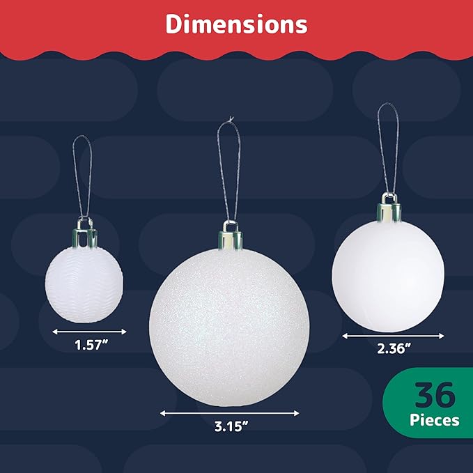 Prextex 36 Piece White Christmas Ornaments and Balls - White Ornament Set with 3 Sizes and 6 Styles - Shatterproof Christmas Ornaments for Tree, Wreath, and Holiday Decor for Indoor or Outdoor Display