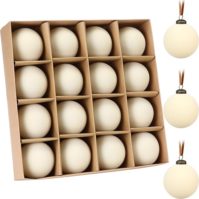 Sea Team 16-Pack Flocked Velvet Christmas Tree Ball Ornaments Set, Hanging Velour Baubles, Shatterproof Plastic Decorations for Xmas Tree, Wreath, Garland, 80mm/3.15 Inches, Cream