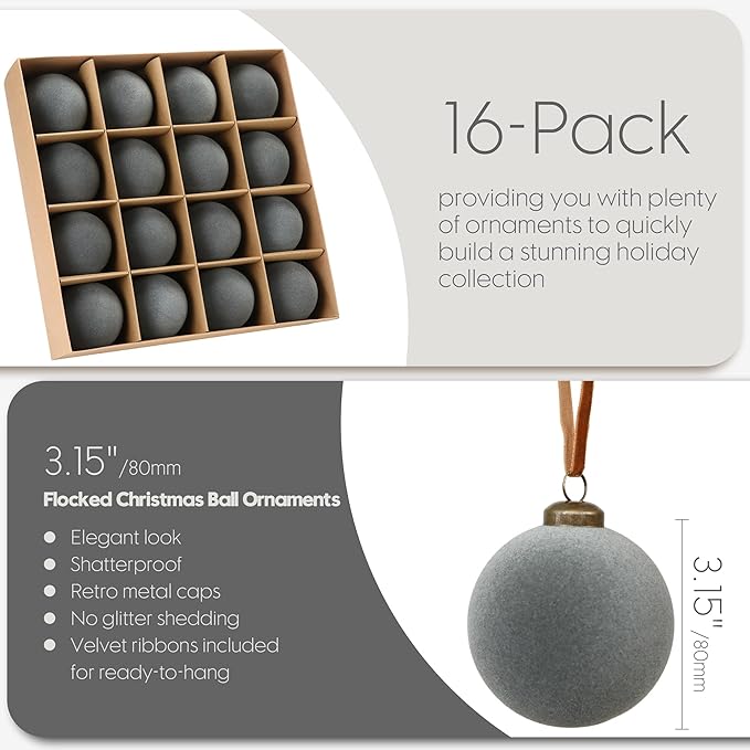 Sea Team 16-Pack Flocked Velvet Christmas Tree Ball Ornaments Set, Hanging Velour Baubles, Shatterproof Plastic Decorations for Xmas Tree, Wreath, Garland, 80mm/3.15 Inches, Gray