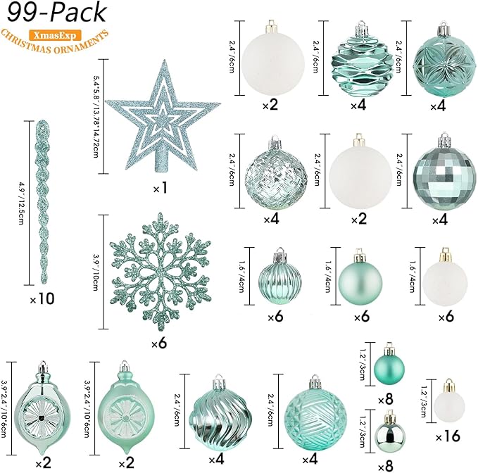 XmasExp 99-Pack Christmas Ball Ornaments Assorted Shatterproof Christmas Tree Decorations with Hand-held Gift Package for Xmas Tree,Home,Party (Mint Green)