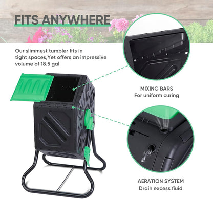 F2C 18.5 Gallon Compost Tumbler Compost Bin All-Season Outdoor BPA Free Single Rotating Chamber Composters w/ 2 Sliding Doors and Solid Steel Frame