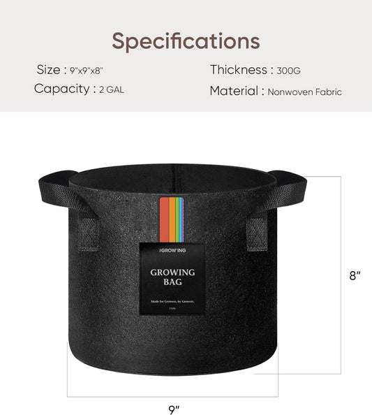 The Growing 5 Pack 2 Gallon Fabric Grow Bags，Thickened Aeration Nonwoven Fabric Plant Pots with Durable Handles,Heavy Duty 300G Planter Pot for Tomato, Fruits, Vegetables and Flowers, Black