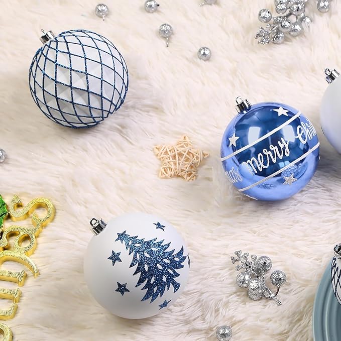 SHareconn 100MM/4 Inch 9PCS Large Christmas Balls Ornaments, Shatterproof Plastic Hanging Big Baubles Set for Xmas Tree Decoration Holiday Party Wedding Decorations with Hook, Blue and White