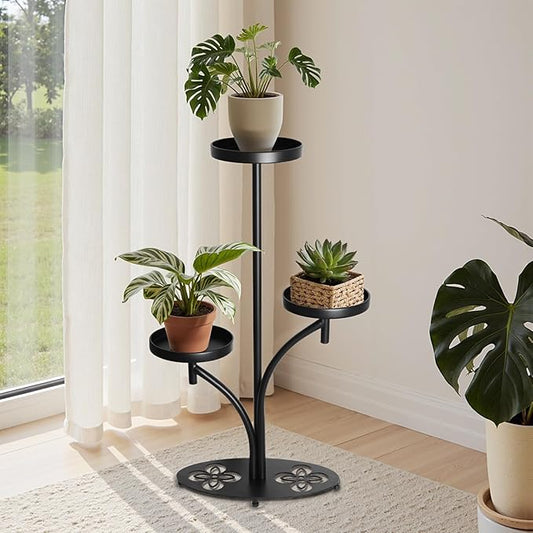 Indoor 3 Tier Black Plant Stand, Tall Metal Plant Stand, Heavy-duty Base in the Shape of a Four-leaf Clover, Layered Modern Flower Pot Rack, Suitable for Courtyards, Patios, Living Rooms, (2Pack)