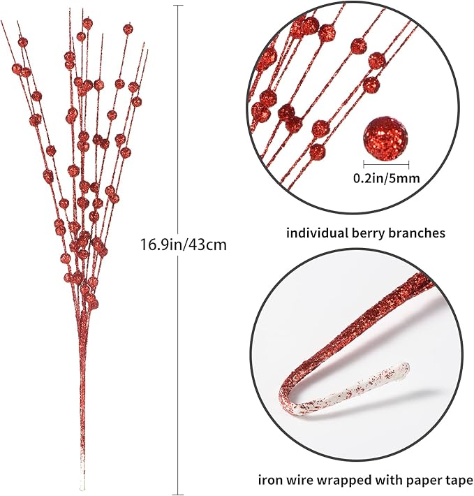 Christmas Artificial Glitter Berry Stem Decorations Decorative Bead Sticks Xmas Picks Glittery Twigs Branches for Christmas Tree Wreath Gift Vase Home Decor Party Ornaments Red 24 PCS