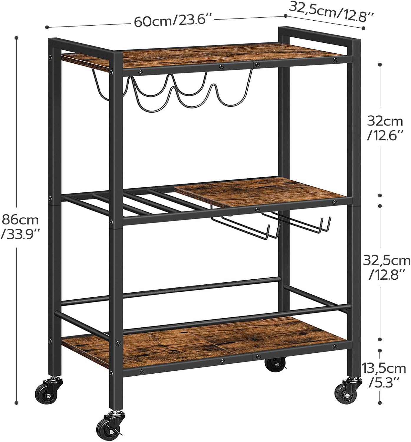 HOOBRO Bar Cart, 3-Tier Coffee Cart with Wheels, Kitchen Cart, Wine Cart with Wine Rack and Glass Holder, Rolling Serving Cart for Home, Living Room, Party, Bar, Rustic Brown and Black BF35TC01G1