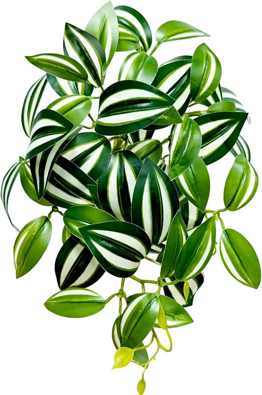 Woyrise Reptile Plants, Terrarium Hanging Plant Vines, Artificial Leaves with Suction Cup, Bearded Dragon Tank Accessories for Gecko Lizard Snake Frog Tortoise Decorations - Zebrina Green