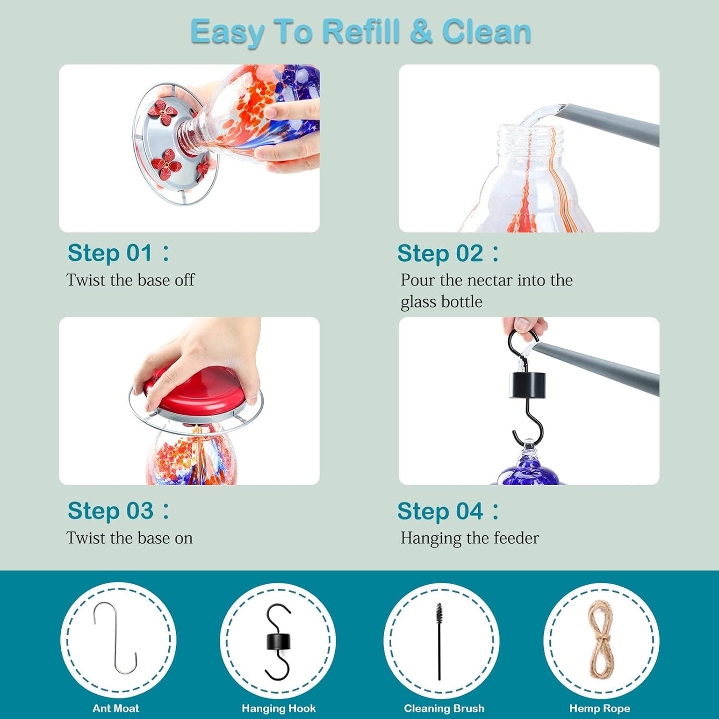 Yinns Hummingbird Feeders for Outdoors Hanging Ant and Bee Proof, Blown Glass Bird Feeder, Glass Hummingbird Feeder with Ant Moat Hanging Hook, Brush, Rope