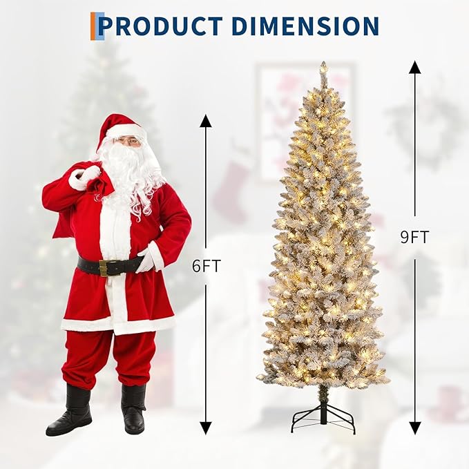 GarveeHome 9 ft Pencil Christmas Tree, Pre-Lit Frosted Artificial Tree, Skinny Xmas Trees Holiday Decoration, with LED Light and Metal Base