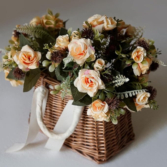 3 Bundles Fall Artificial Flowers Bouquet, Mixed Artificial Rose Silk Roses Flowers Fake Roses Artificial Flowers Roses Bouquet for Centerpiece Table Wedding Party Home Decor (White)