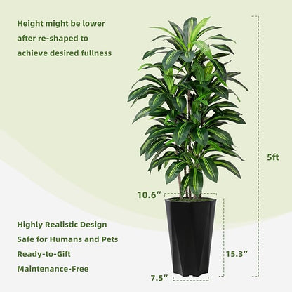 Artificial Dracaena Plant Indoor 5FT Fake Tree with White Diamond Planter Faux Yucca Tall Fake Floor Plant in Pot Artificial Trees for Home Office Living Room Decor Indoor
