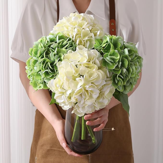 Nubry 22.44In Hydrangea Artificial Flowers, 4Pcs Latex Faux Real Touch Large Hydrangea Flowers with Long Stems & Leaves for Home Office Decor Wedding Party Arrangements(Beige&Green)