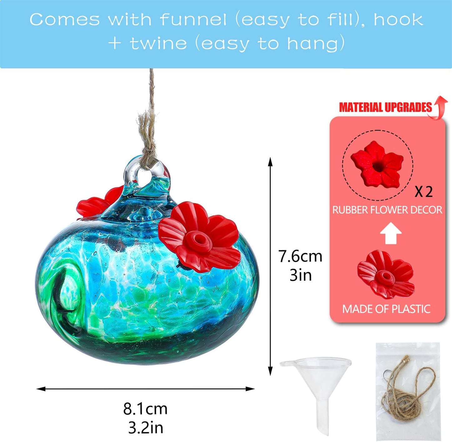 Blown Glass Hummingbird Feeders for Outdoors Small Glass Hummingbird Feeders to Attract Hummingbirds Ant and Bee Resistant Round Feeder Unique Gifts for Woman - 2 Feeding Ports