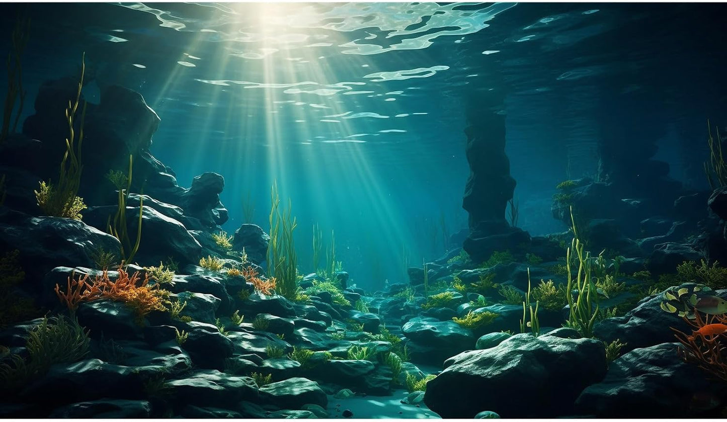 Aquarium Background Ocean Floor Fish Tank Background Underwater Coral Reef Stone Aquarium Backdrop Seaweed Background Sunlight Tank Backdrop Perfect Aquarium Backdrop Durable Vinyl 48x18in