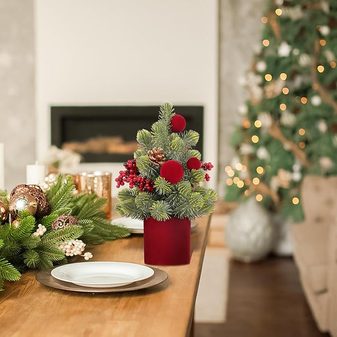 Small Christmas Tree, 12Inch Artificial Burgundy Velvet Ball Berry Mini Tabletop Christmas Decorations, for Home Party Thankgivings Xmas Indoor Decor.