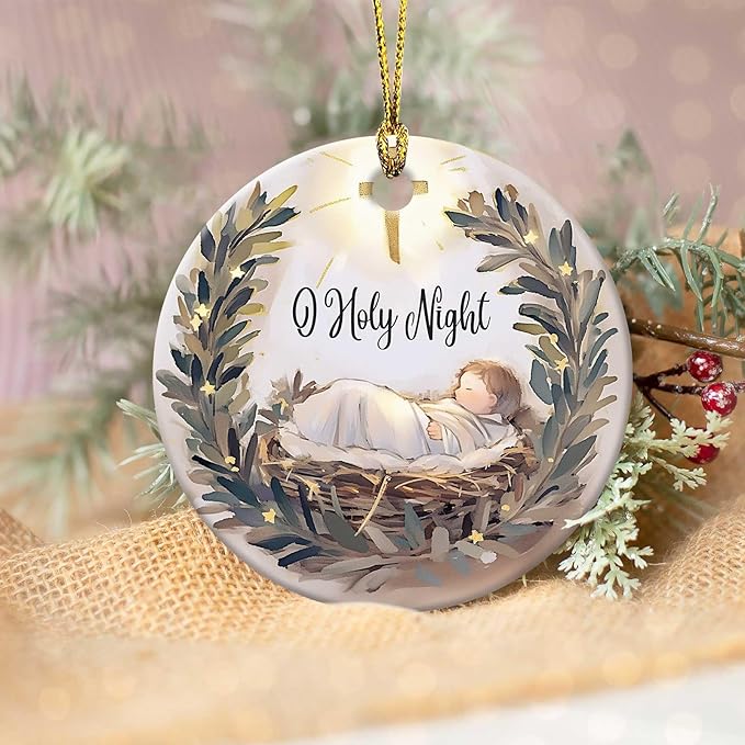 O Holy Night Ornaments Round Ceramic Silent Night Birth of Jesus Cross Christ Ornament Christmas Keepsake Decor for Christmas Tree Winter Holiday Xmas Gift for Women Men Xmas Hanging Ornament 3"