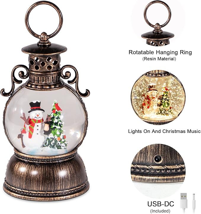 Christmas Snow Globes, Glittering Christmas Music Box Snowman Christmas Trees with 8 Songs & 6H Timer, USB Powered & Battery Operated Christmas Lanterns for Indoor Holiday Table Party Gifts