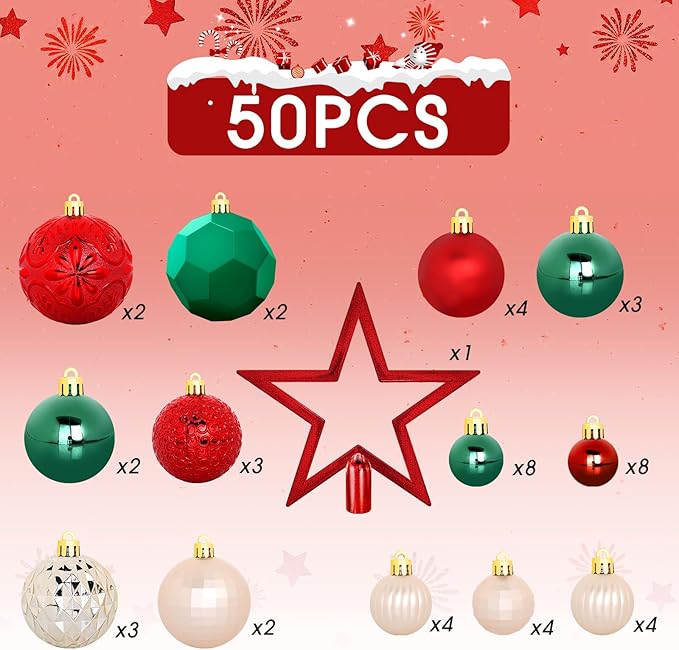 TranquilBliss 50 Pcs Christmas Ornaments Set with Strings, Christmas Ball Ornaments Set with Hanging Strings, Shatterproof Christmas Decorations Ornaments for Xmas Tree (Red and Green)