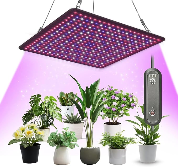 LED Grow Light Panel 600W Lamp for Indoor Plants, Full Spectrum with White Blue Red UV IR LEDs for 3x3ft Coverage Grow Tent Greenhouse Veg and Bloom Seedlings Hydroponics Timer Brightness