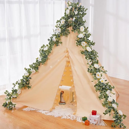 Dolicer 2 Packs 6.56Ft Eucalyptus Garland with Flowers - 8 White Roses, Artificial Flower Fake Rose Vine Faux Greenery for Wedding Backdrop Arch Table Wall Party Home Decor, Grey Green