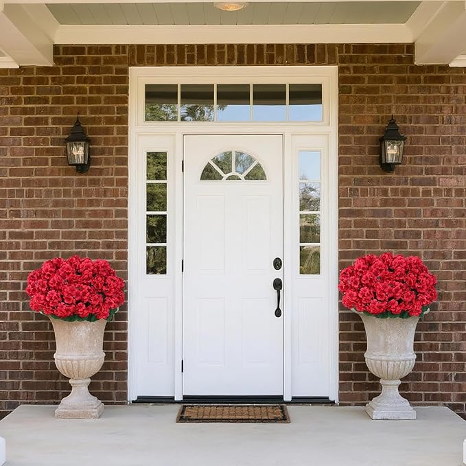 16 Bundles18" Artificial Geranium Flowers for Outdoor Spring Summer Decoration,Fake Silk Geranium Faux Plants UV Resistant for Front Door Planter Outside Home Garden Balcony Yard Porch Decor (Red）