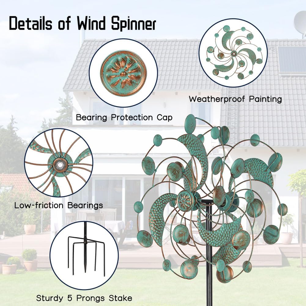DREAMYSOUL Wind Spinner Outdoor, Metal Kinetic Wind Spinners, 13 Inches Dia Wind Spinners for Yard Garden Outside Patio Lawn Decor (Turquoise)