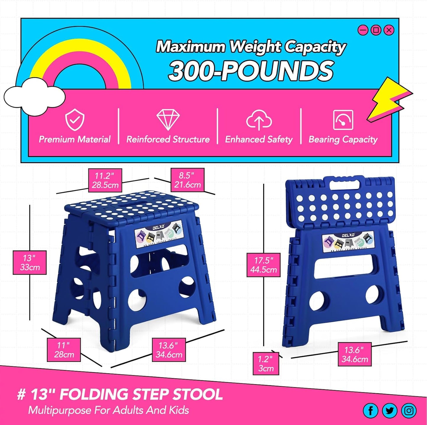 Delxo Folding Step Stool, 13 inch Non-Slip Foldable Stools for Kids & Adults Up to 300 LBS, Step Stool with Handle, Lightweight for Kitchen, Bathroom, Bedroom, Garden, Blue, 1PC