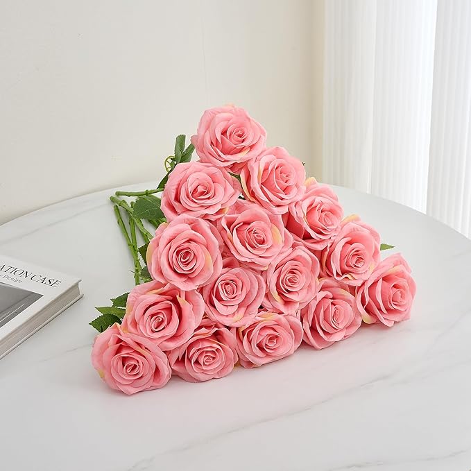 15pcs Fake Roses Artificial Silk Flowers Faux Rose Flower Long Stems Bouquet for Arrangement Wedding Centerpiece Party Home Kitchen Decor
