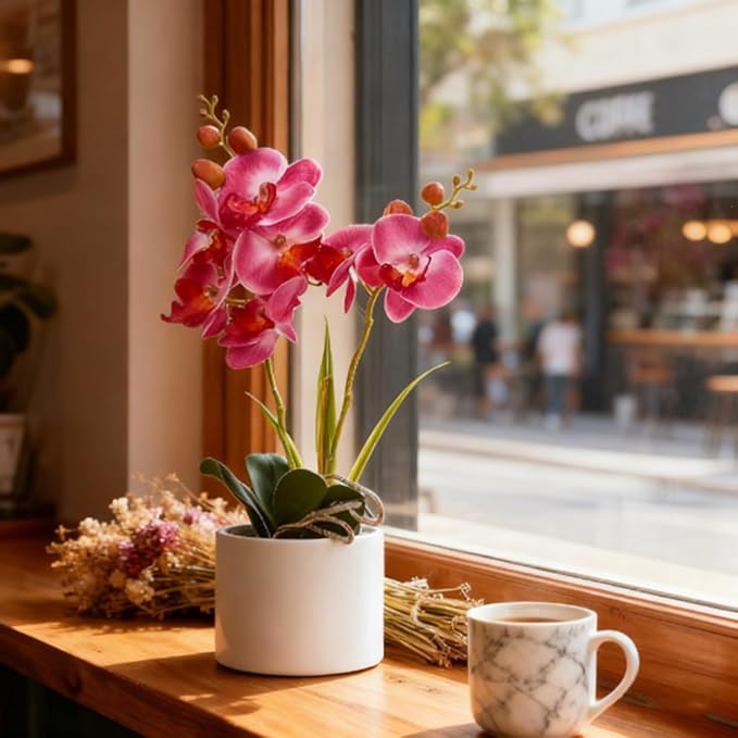 Jusdreen Artificial Purple Orchid, Phalaenopsis in Ceramic Pot with Vase for Home Office Table Decor, Flower Centerpiece