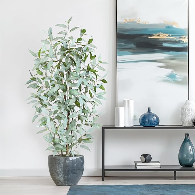 5FT Artificial Ficus Tree,Large Fake Plants with Pot,Faux Floor Plant with White Leave Fake,Artificial Plants Indoor for Home Office Decor