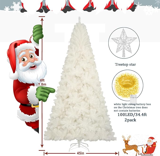 6ft White Christmas Tree, Xmas Tree Artificial Christmas White Trees with 1005 Branch Tips and Decorations(1pcs Top Star, 2set 200 Tips Battery Boxes Powered,Pencil Christmas Tree Holiday Decorations