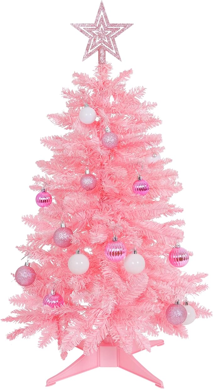 Sunshine Pink Christmas Tree with Light 3ft Artifical Full Christmas Tree with Ball & Star Ornaments 8 Lighting Modes for Holiday Decor
