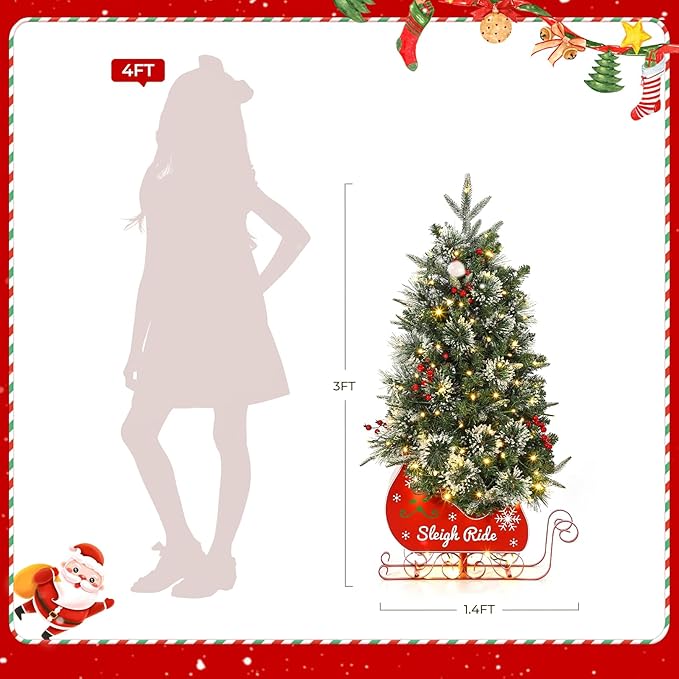 Garvee 3FT Christmas Tree,Pre-Lit Artificial Christmas Trees with Lights, Small Xmas Trees with Sleigh Base & 78 Warm White Lights, Christmas Decoration for Home, Office,2 PCS