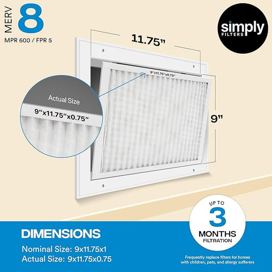Simply 9x11.75x1 Air Filter, Merv 8, 4 Pack, For Home AC Furnace & HVAC (Actual Size: 9"x11.75"x0.75") DUST, Pet, & Allergy Control