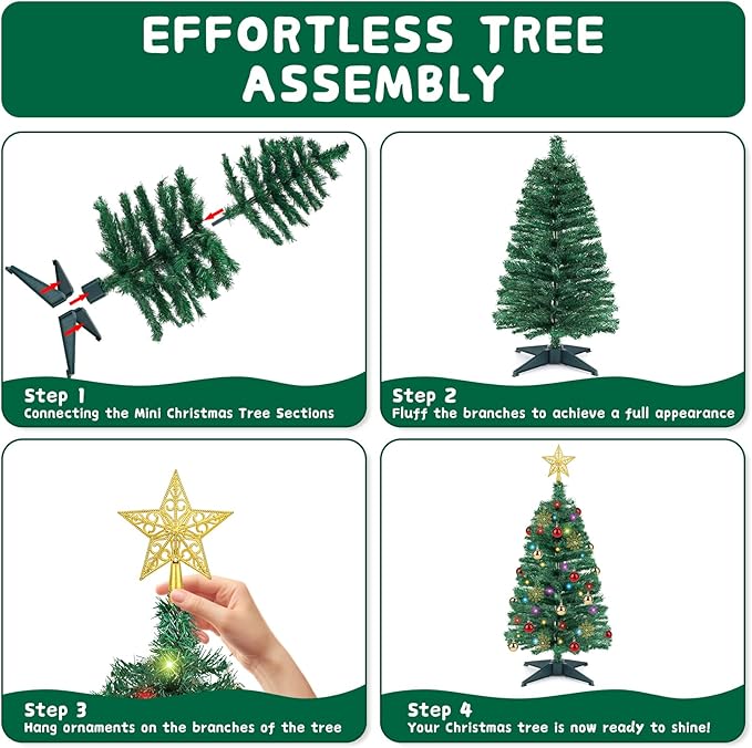 3 FT Artificial Christmas Tree with Lights - 12 Lighting Modes, Timer&Ornaments, Mini Fake Xmas Tree for Tabletop, Home, Office, Christmas Decoration Tree Decor