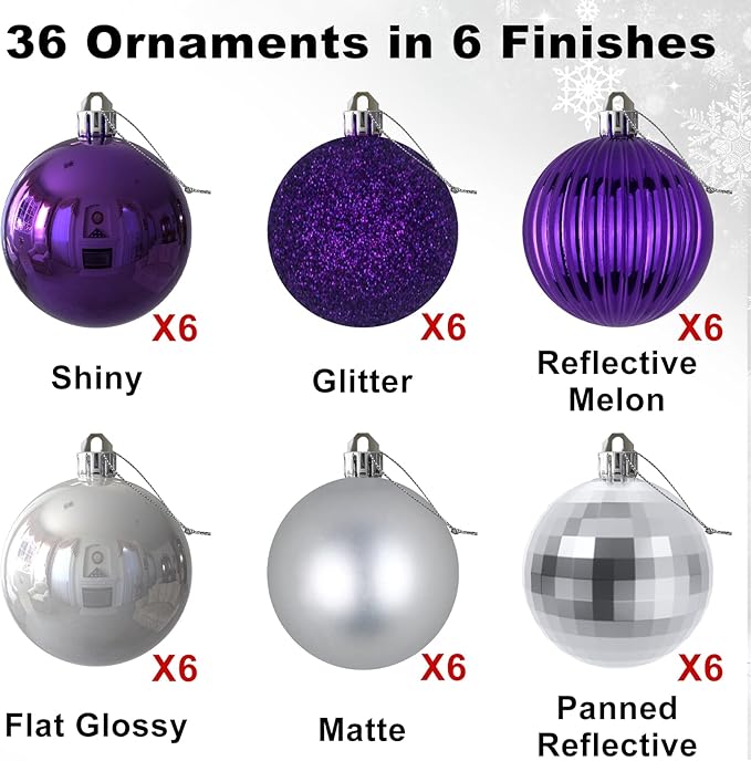 GameXcel Christmas Balls Ornaments for Xmas Tree - Shatterproof Christmas Tree Decorations Small Hanging Ball Purple & Silver 1.6 Inch x 36 Pack