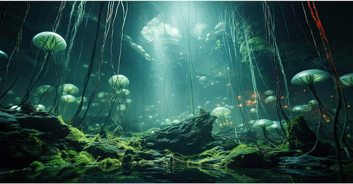 Aquarium Background Foggy Stone Mushroom Green Moss Fish Tank Background Mysterious Green Seaweed Scenery Aquarium Backgrounds White Mushroom Reptile Tank Enclosure Backgrounds Wallpaper 36x20in