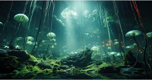 Aquarium Background Foggy Stone Mushroom Green Moss Fish Tank Background Mysterious Green Seaweed Scenery Aquarium Backgrounds White Mushroom Reptile Tank Enclosure Backgrounds Wallpaper 24x16in