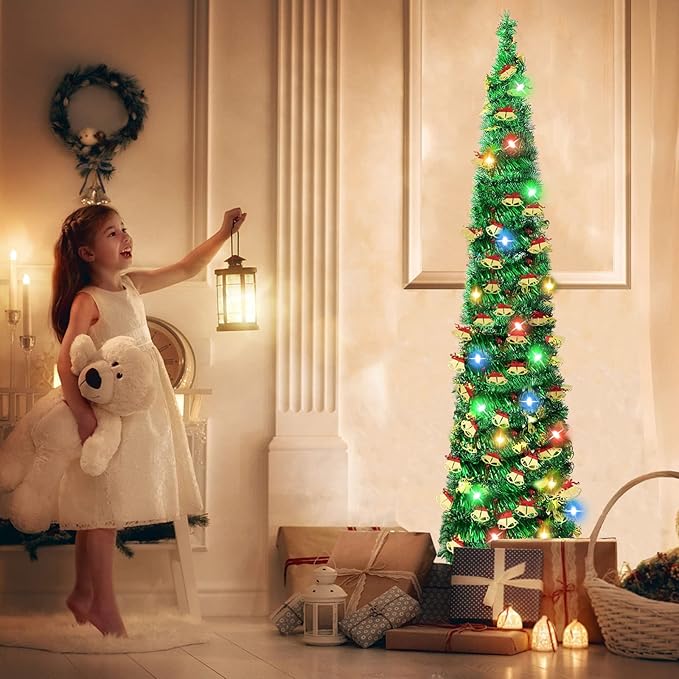 5 FT Pencil Christmas Tree with 90 Colorful Lights, Collapsible Artificial Sequin Pop Up Christmas Tree, Skinny Pencil Tinsel Christmas Trees, Xmas Tree for Home Apartment Basement Fireplace