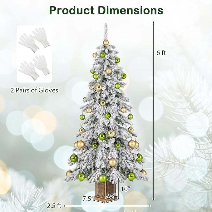 GOFLAME 6FT Potted Artificial Christmas Tree, Snow Flocked Xmas Tree with 589 Branch Tips, 48 Decorative Balls & Vintage Flowerpot, Hinged Holiday Decoration Tree for Home Party Entrance
