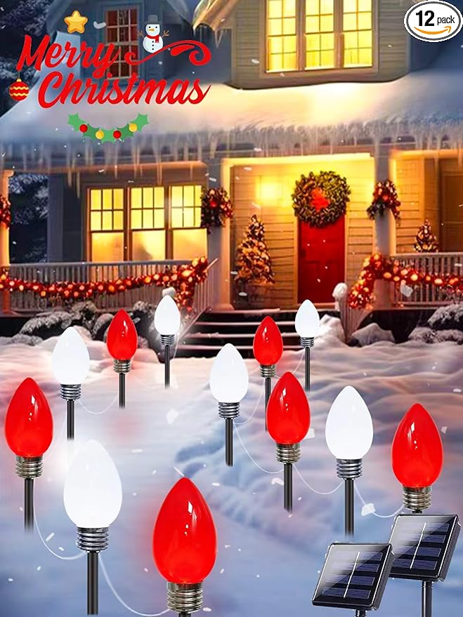 12 Pack Large C9 Christmas Decorations Outdoor Waterproof, Solar C9 Christmas Lights Outdoor with 2 Modes, Solar Pathway Light for Outside Party Yard Lawn Patio Walkway Xmas Decoration (Red and White)